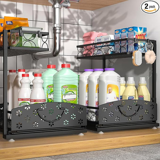 Sevenblue 2-Pack 2-Tier Height Adjustable Under Sink Organizer & Storage | Multi-purpose storage for kitchen & bathroom cabinet. Extra Large metal shelf, height adjustable design for space-saving.