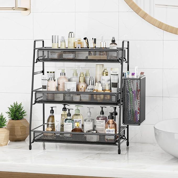 EKNITEY Bathroom Countertop Organizer Shelf - 3 Tier Counter Spice Rack | Metal, Removable Basket, Non-Slip Base, Makeup Rack, Small Coffee Station Organizer, for Sink Bedroom Kitchen Living room