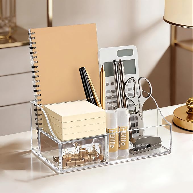 HBlife Acrylic Desk Organizer with Drawer, Pen & Pencil Holder, Multifunctional Desktop Caddy for Office Supply and Organization