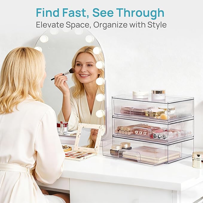 Vtopmart Clear Stackable Storage Drawers, 4 Pack Wide Plastic Organizers | Clear Pull-Out Plastic Drawers, Stackable Design for Makeup Palettes, Cosmetics, Beauty Supplies, Vanity, Cabinet and Desk