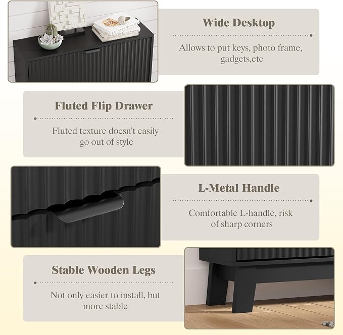 HUANLEGO Shoe Cabinet Storage for Entryway with 2 Flip Drawers, Fluted Narrow Shoe Organizer with Wooden Legs, Freestanding Slim Shoe Storage Hidden Shoe Rack Organizer for Front Door Entrance, Black