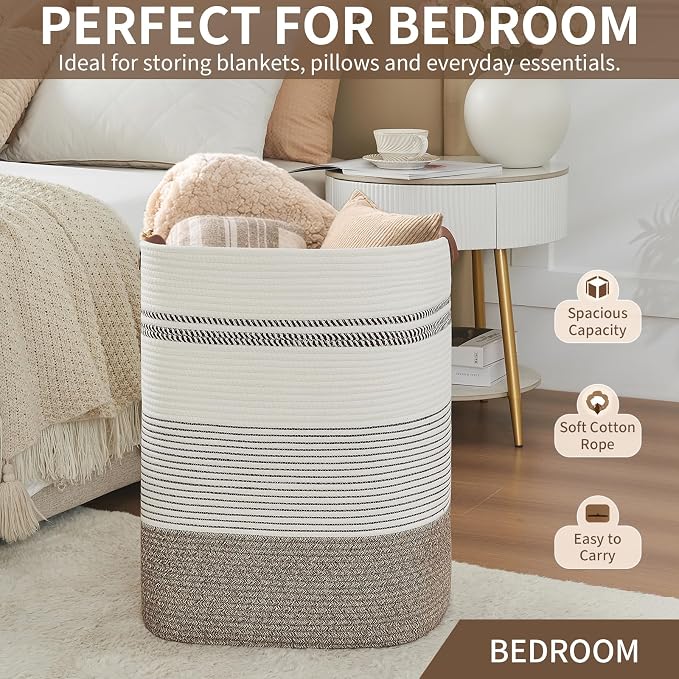 AINUOQI Laundry Hamper - Tall Woven Rope Laundry Basket - Clothes hamper with Leather Handles, 17" X 13.8" X 22", Blanket Storage Basket for Living Room, Rice Brown & White