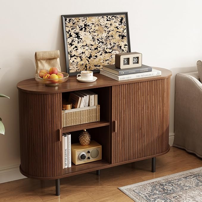 48" Sideboard Buffet Cabinet with Storage, Storage Cabinet with Sliding Door & Adjustable Shelf, Modern Accent Coffee Bar Console Table for Kitchen, Entryway, Walnut