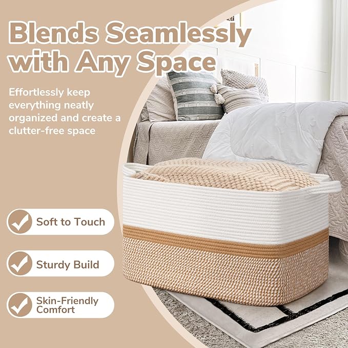 Goodpick Large Woven Blanket Basket, Cotton Rope, White & Camel Mix | 21.6 x 14.9 x 11.8 in, Rectangle, Living Room, Bedroom & Nursery Organization, Home Decor, Blankets & Toys Storage