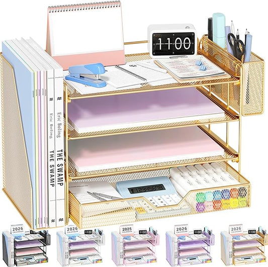 OPNICE Desk Organizer, 4-Tier Desktop File Organizer with Drawer and Pen Holders, Office Desk Accessories, File Sorters, Workspace Organizers for Office Supplies(Gold - Metal Pen Holder)