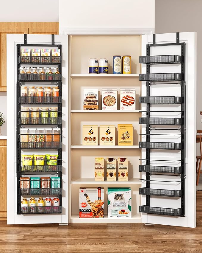 8 Tiers Over the Door Organizer - Height Adjustable Pantry Organizers and Storage with Dense Mesh Baskets, Anti-Swing Hanging Door Spice Rack for Kitchen Bathroom (Black, 12.3"W x 4.7"D x 69"H)