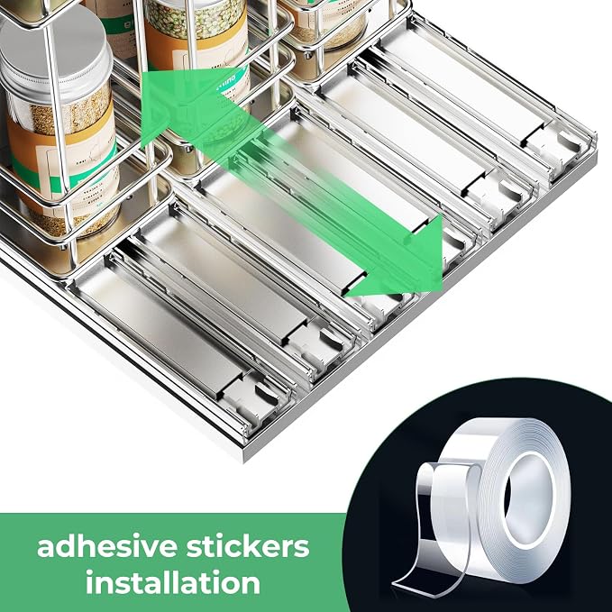 Mystozer Pull Out Spice Rack Organizer for Cabinet, Slide Out Spice Racks, Easy to Install Spice Cabinet Organizers, 7.4" Wx10.43 Dx8.26 H, 3 Drawers 2 Tiers(Silver)