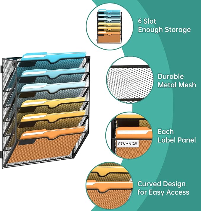 SUPEASY 6 Tier Wall File Organizer, Hanging Wall Mounted Mail Organizer with Label Slots, Metal Mesh File Holder Magazine Rack for Office, Home, School or Classroom, Black