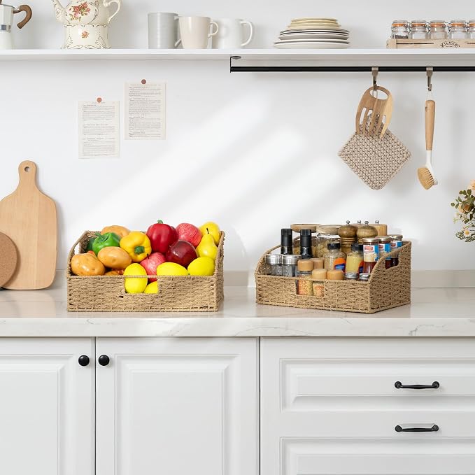 StorageWorks Pantry Baskets for Organizing,Wicker Basket for Storage,2-Pack | Paper Rope Wicker Storage Baskets for Shelves with Handles,Pantry Organizers and Storage,Shelf Baskets for Organizing