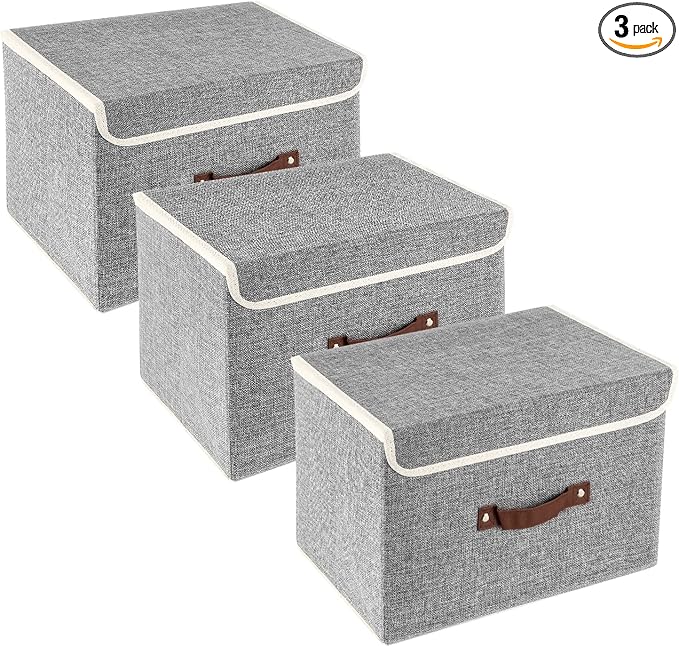 TYEERS Collapsible Storage Boxes, Washable Fabric Storage Bins with Lids, 14.9x9.8x9.8 inches, 3 Pack, Gray