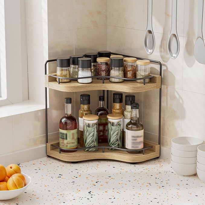 2-Tier Corner Bathroom Counter Organizer, Larger Size | Embedded Screw Holes, Sturdy & Stable, Oversized, Holds More, Vanity Shelf for Makeup & Skincare, ‎‎Light Walnut