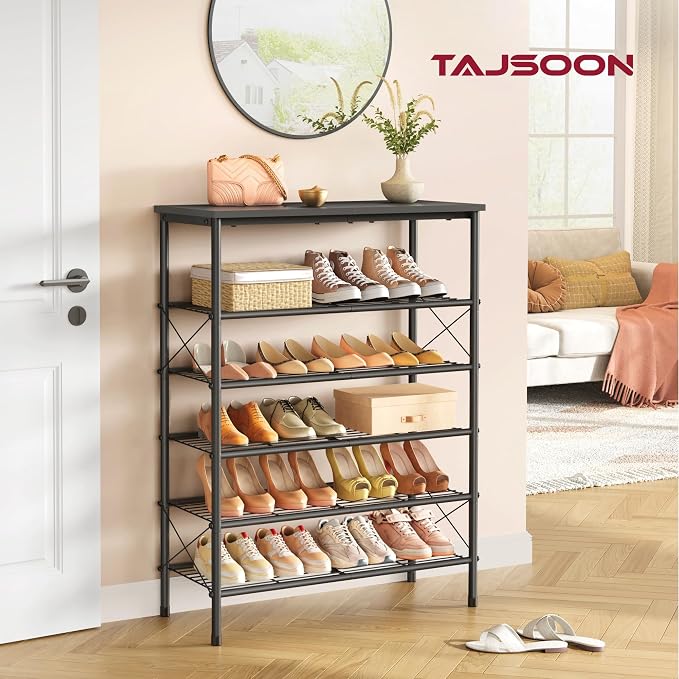 6 Tier Shoe Rack for 20-24 Pairs of Shoes, Black | Sturdy & Durable, X Shape Fixed Frame, Metal Mesh Shoe Shelf, Industrial, For Closet, For Entryway Shoe Storage