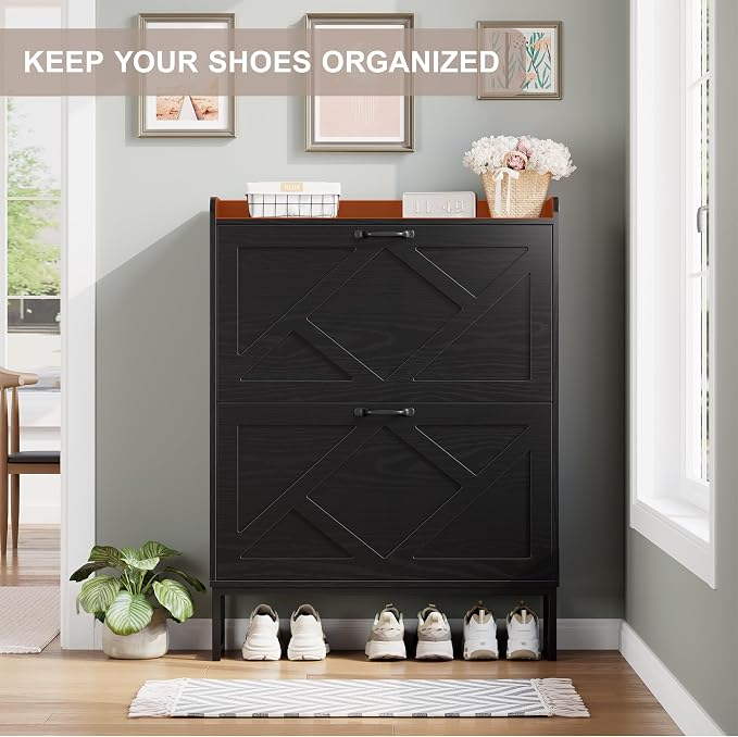 Nicetree Shoe Storage Cabinet with 2 Flip Drawers, Freestanding Shoe Organizer, Shoe Cabinet with Metal Legs, Narrow Shoe Rack Cabinet, Farmhouse Slim Shoe Cabinet for Entryway, Foyer, Hallway, Black