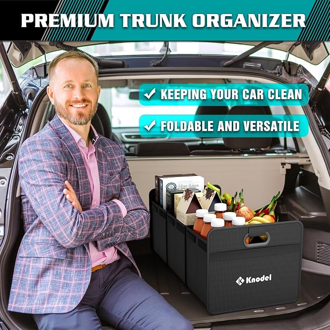 K KNODEL 3 Compartments Trunk Organizer for Car and Suv (Large, Black) | Collapsible Car Storage Organizer, Car Organizers and Storage for Sedan, Cargo Organizer, Car Bin, Basket,Bag, Organization