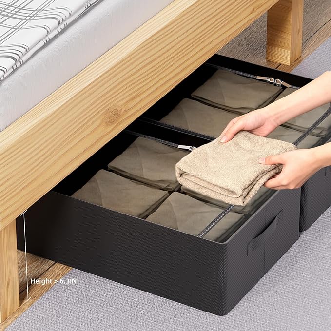 CYhom 3Pcs Under Bed Storage Bins with Metal Frame - Shoe Organizer for Closet with Clear Cover Oxford Fabric Sturdy Underbed Container Foldable Stackable Clothes Organizer (Black, 23.5x11.8x6.3)