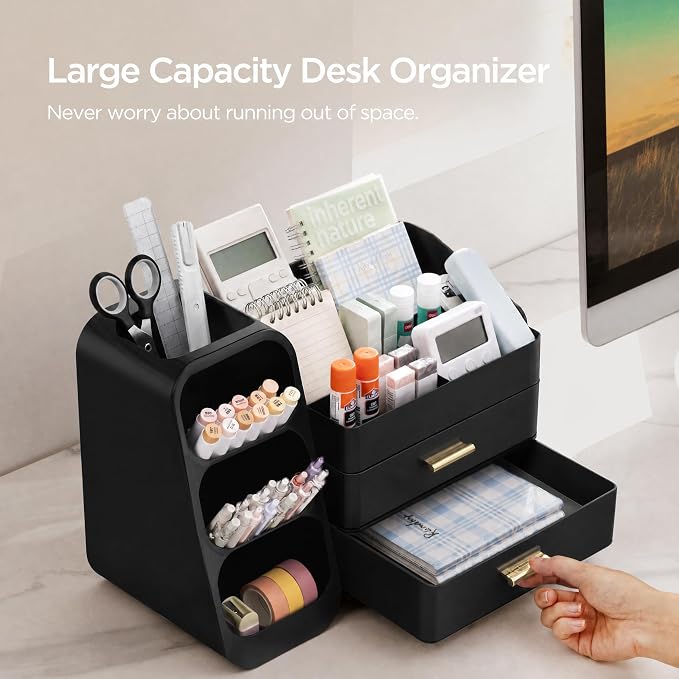HBlife Desk Organizer with Pen Pencil Holder for Desk, Pen Organizer with 2 Drawers, Desk Organizers and Accessories with 4 Compartments, Desktop Storage for Office Home School Art Supplies, All Black