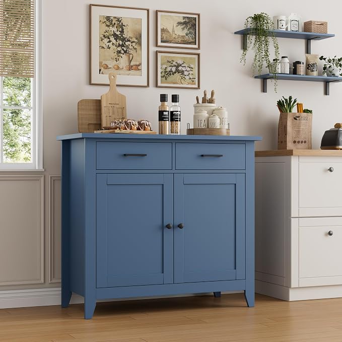 HORSTORS Farmhouse Kitchen Storage Cabinet, Small Buffet, Coffee Bar, Blue | Buffet Sideboard with 2 Drawers & 2 Doors, 35.8"W Coffee Table, Sapce-saving Kitchen Cabinet for Dining Living Room, Entryway