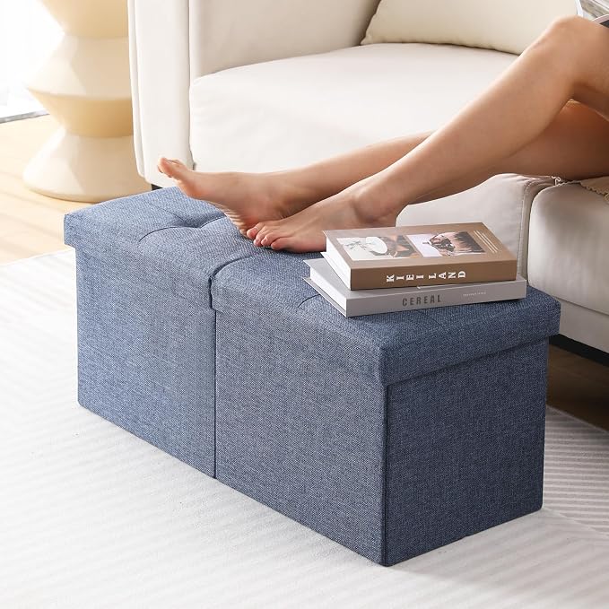 Storage Ottoman Bench Foldable Seat Footrest Shoe Bench End of Bed Storage with Flipping Lid, 75L Storage Space, 30 inches Linen Fabric Navy
