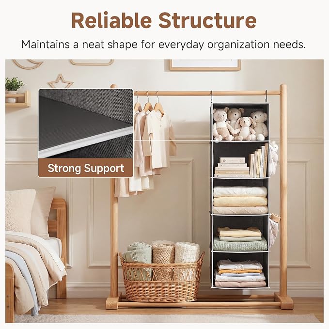 StorageWorks Hanging Closet Organizer, 5-Shelf Hanging Shelves with 2 Hooks, Foldable Space-Saving Design, Closet Organizers and Storage for Bedroom, Dorm, Locker, Gray
