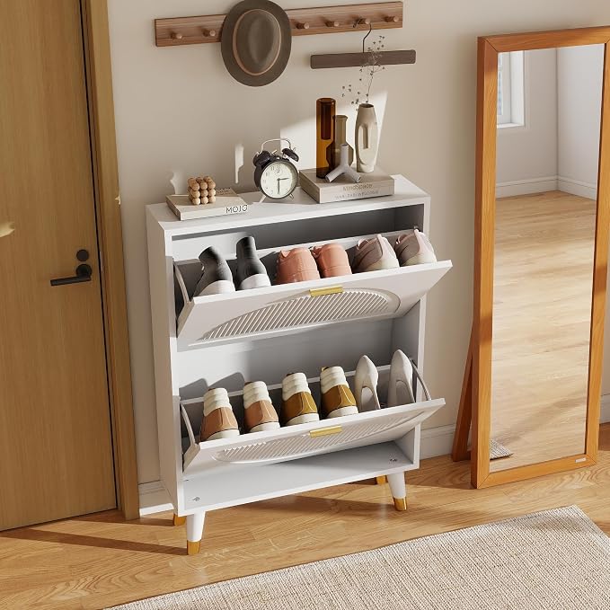 Narrow Shoe Cabinet Storage for Entryway: Cabinet Shoe Rack Organizer, White Shoes Cabinets with 2 Flip Drawers, Modern Shoes Storage Entryway for Front Door Entrance (1 Piece, 25")