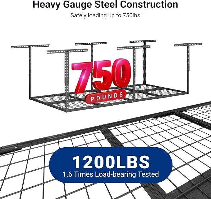 FLEXIMOUNTS 3x8 Overhead Garage Storage Rack,Adjustable Storage Organization System, Heavy Duty Metal Garage Ceiling Storage Racks, 2 pack, Hammertone, Classic Series