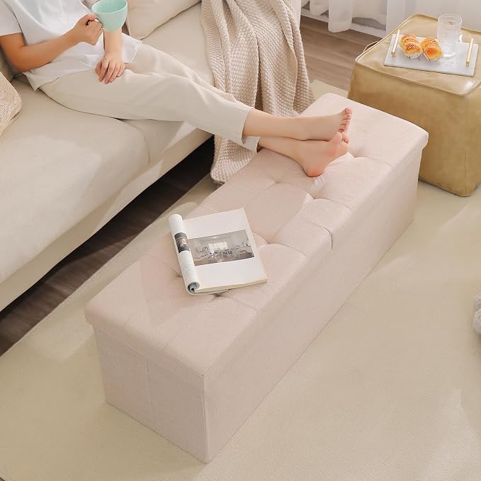 45.3 Inches Ottoman Bench - Foldable Seat, Footrest, Shoe Bench, End of Bed Storage With Flipping Lid, 166L Space, Linen Fabric Emerald