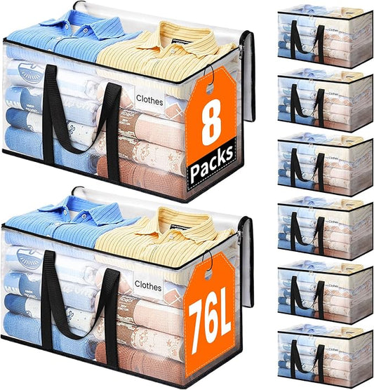 Moving Bags, Extra Large Heavy Duty Storage Bags, 76L, 8 Packs | Packing Bags with Strong Zippers & Handles, Top Opening Foldable Storage Tote for Home Organization and College Dorm Move-In