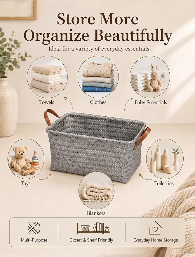 Wicker Storage Baskets, 4 Pack Woven Baskets for Shelves, Grey | PP Rattan, Water-resistant Wicker Basket, Large Baskets with Faux Leather Handles for Blanket, Laundry Organizer, Room Decor