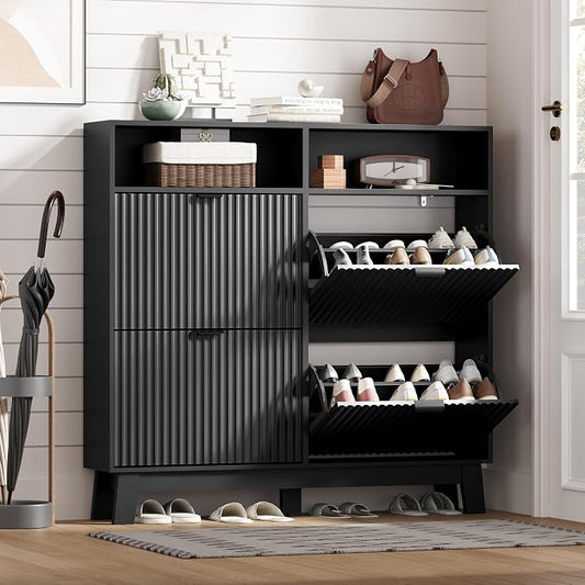 Shoe Cabinet Storage for Entryway with 4 Flip Drawers, Fluted Narrow Shoe Organizer with Wooden Legs & Top Cubby, Freestanding Slim Shoe Storage Hidden Shoe Rack for Front Door Entrance, Black