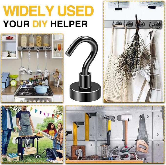 DIYMAG Magnetic Hooks 6pcs 30lbs+ Cruise Essentials 2026 Magnet Hook Black | Neodymium Heavy Duty Strong Magnets Hanging Ship Cabins Refrigerator Fridge Classroom Beach Vacation Kitchen Grills Home Tool