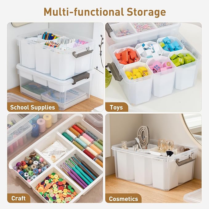Citylife 17QT 4Packs Clear Craft Organizers and Storage Bins with Lids | Stackable Art Supply Organizer with Tray and 6 Inserts for Markers, Crayons, Pencils, Tools, Playdoh, Coloring Books