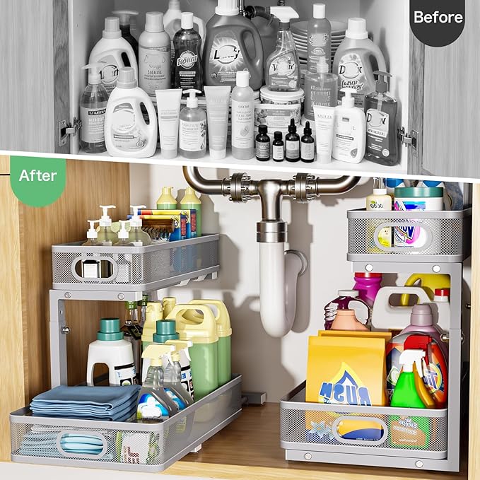 Under Sink Organizer 2 Pack, High Adjustable 2 Tier Under Sink Organizers and Storage, Slide out Metal Cabinet Organizers, Pull out Storage Drawer Shelf for Kitchen Bathroom Cabinet (Gray)