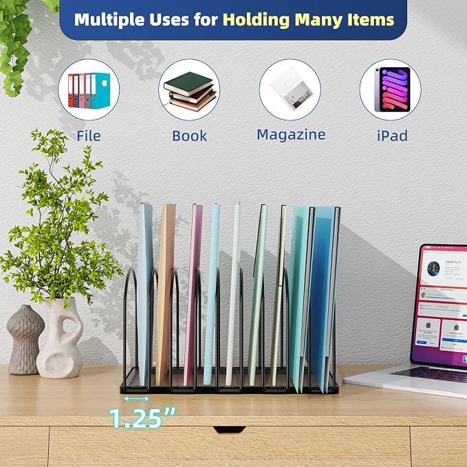 Simple Trending Desk File Sorter Organizer, 9 Section File Rack, Black | Metal Vertical File Folder Holder Stand, Paper Document Magazine Book Album Letter, Home Office, 13.25"D x 8.25"W x 7.5"H