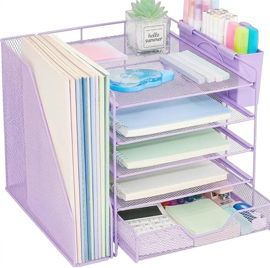 Desk Organizers and Accessories, 5-Tier Paper Letter Tray Organizer with File Holder, Drawer & Pen Holder, Office Desk Accessories, Desktop Organizer for Classroom Office Supplies, Purple