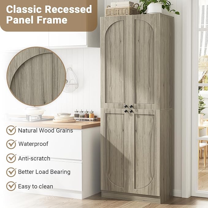 Cyclysio 80" Kitchen Pantry, Extra Tall Arch Storage Cabinet with 8 Soft Close Doors and Adjustable Shelves, Freestanding Wood Cupboard with Seamless Fit Wall for Dining Living Room Bathroom Furniture
