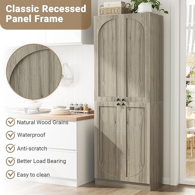 Cyclysio Storage Cabinet Set of 2, 80" Tall Arched Bookcase with 4 Soft Close Doors, 12-Tier Wooden 2 Set Pantry with Adjustable Shelves, Seamless Fit Wall for Home Office, Living Room, Kitchen