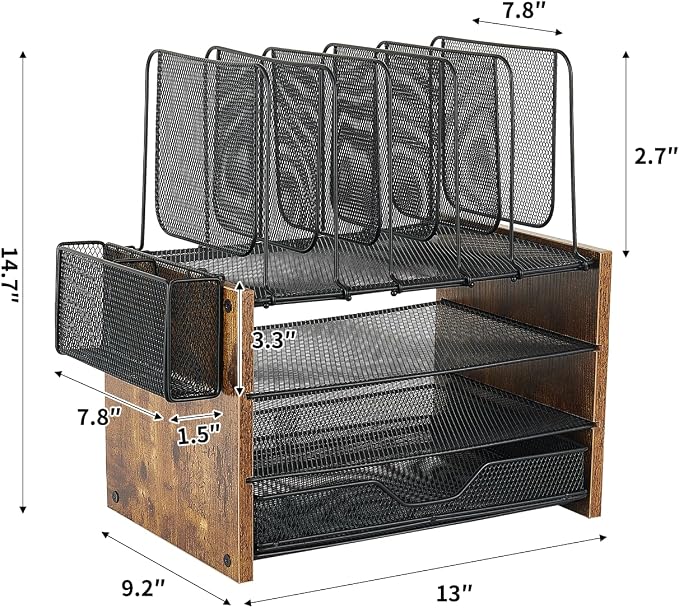 OPNICE Desk Organizer, 4-Tier Desktop File Organizer with Drawer and Pen Holders, Office Desk Accessories, File Sorters, Workspace Organizers for Office Supplies(Brown)