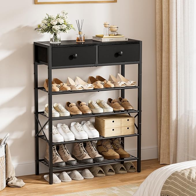5 Tier Shoe Rack with 2 Drawers, 16-20 Pairs Charcoal | Holds 16-20 pairs. 2 drawers for socks/keys. Removable layer for boots. Anti-tip kit included. Quick assembly.