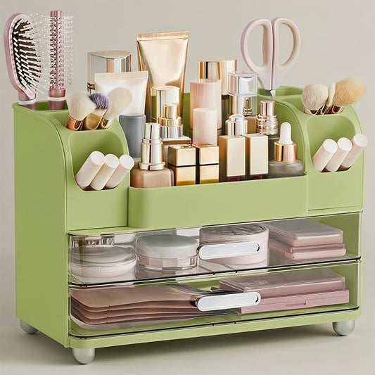 HBlife Makeup Organizer for Vanity with Brush Holder, Large Bathroom Countertop Cosmetic Organizer Skincare Storage, Easy to Store Lipsticks, Nail Polishes, Perfumes, Eyeshadow Palettes, Avocado Green