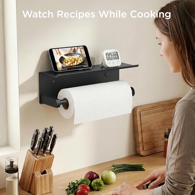 FORIOUS Wall Mount Paper Towel Holder with Shelf for Kitchen, Matte Black | Heavy Duty SUS304 Stainless Steel Paper Roll Organizer with Storage Spice Shelf, Screw-in for Bathroom, RV & Garage
