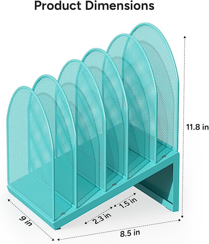 5-Section Desk File Organizer | Metal Mesh Folder Organizer for Documents, Mail & Office Papers (Blue)