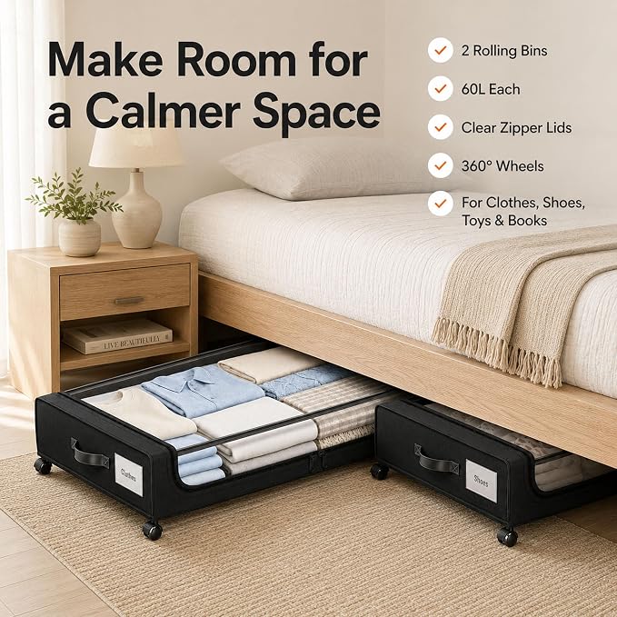 Camkey® Under Bed Storage with 360° Wheels, 2-Pack, 60L Low-Profile Rolling Underbed Bins for Clothes, Shoes, Toys & Books,Easy Pull-Out, Dust Protection, Space-Saving Organizer for Bedroom/Dorm,Black