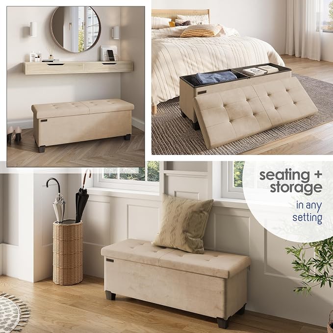 Storage Ottoman Bench with Bins, 43-in Storage Bench for Bedroom End of Bed, Folding Foot Rest Ottoman for Living Room Max 660lbs, Velvet Ottomans, Taupe