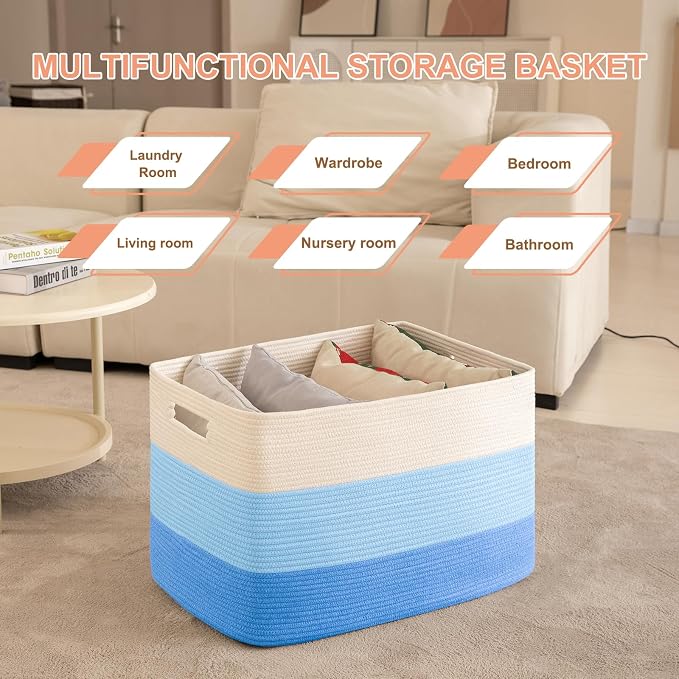 OIAHOMY 108L Super Large Blanket Basket, 25”x16”x16” Rectangle Woven Baskets for Storage, Cotton Rope Basket For Living Room, Toy Storage with Handle - Gradient Light Blue