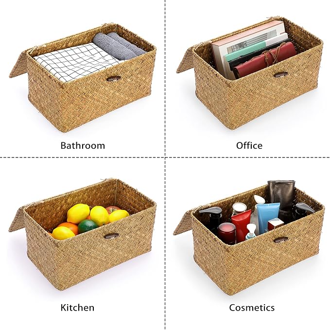Hipiwe Wicker Shelf Baskets Bin Handwoven Seagrass Storage Basket with Lid | Rectangular Household Basket Boxes for Shelf Wardrobe Home Organizer, Caramel Medium