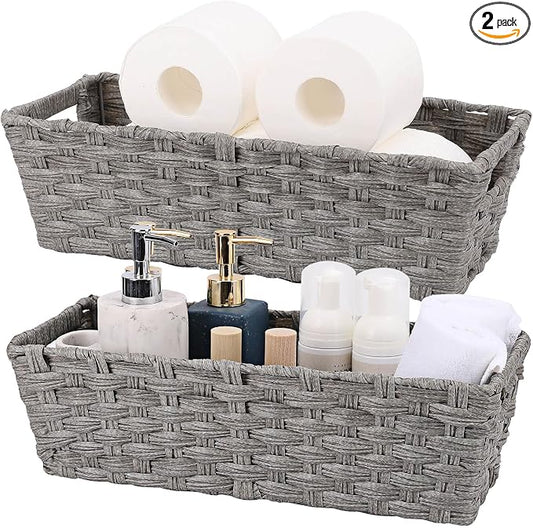 2-Pack Plastic Wicker Toilet Paper Baskets, 15.75"x6.75"x4.75", Grey | onlytak woven bins for bathroom, toilet tank, shelf organization, and home decor.