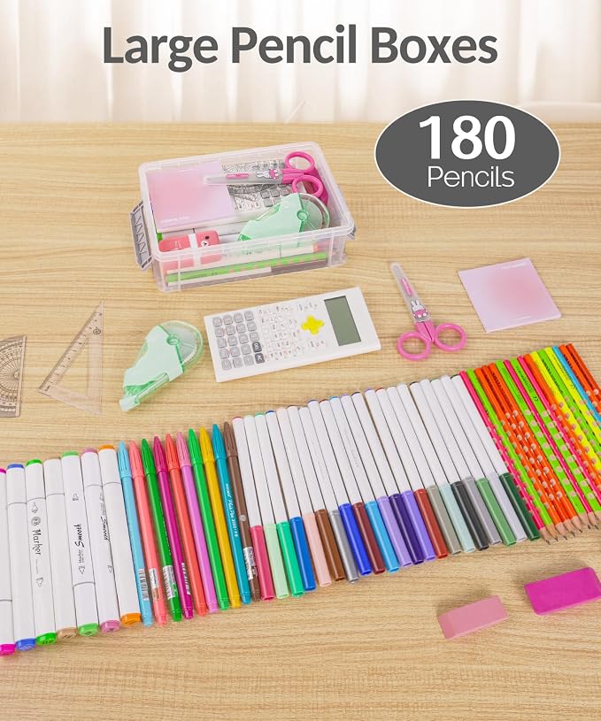 Sooez 6 Pack Extra Large Pencil Box, Plastic Pencil Case Crayon Box | Clear Marker Organizer Plastic Containers with Lid, Stackable Storage Boxes for Art Craft,Back to School Supplies, Blue