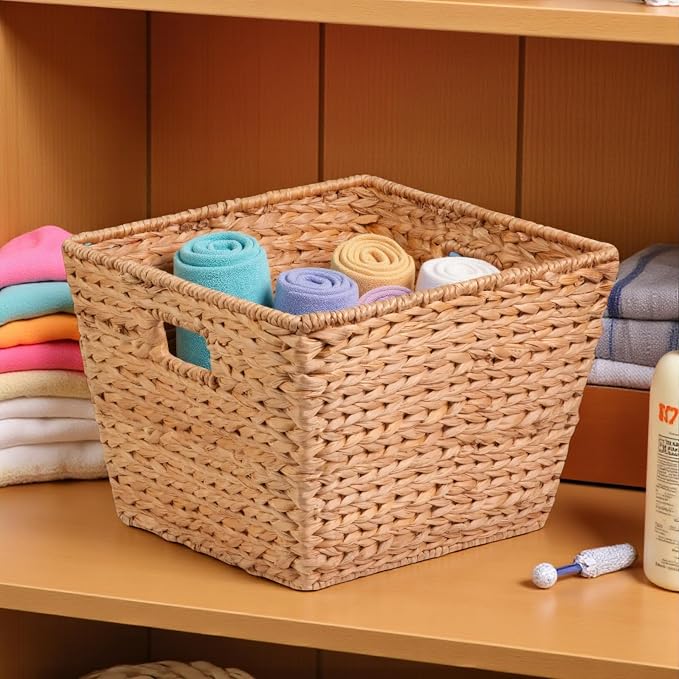 Honey-Can-Do Natural Water Hyacinth Tall Storage Basket with Built-In Handles, 15.75 x 14.5 x 12 in, Handwoven Eco-Friendly Bin