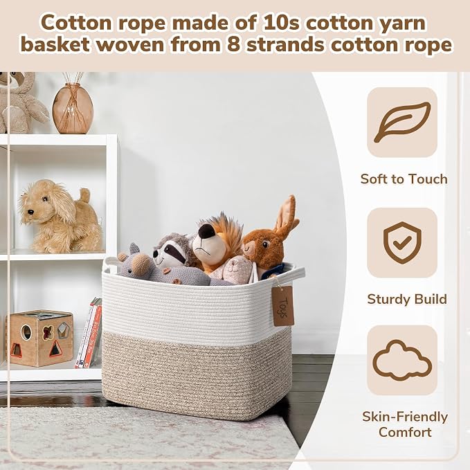 Goodpick Large Woven Storage Basket, Rectangle, Light Brown | 50L, 18 × 14 × 12 in, Cotton Rope, Reinforced Handles, Blankets, Toys Storage, Living Room & Nursery Organization