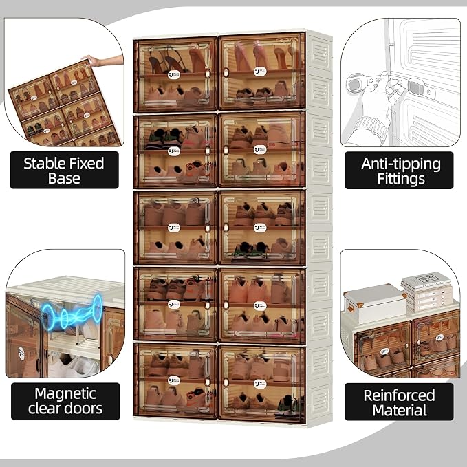 Foldable Shoe Cabinet with Magnetic Clear Doors, Wide Design Shoe Rack for Entryway, Portable Shoe Organizer Meeting Diverse Storage Needs (White, 2Row 6Tier)